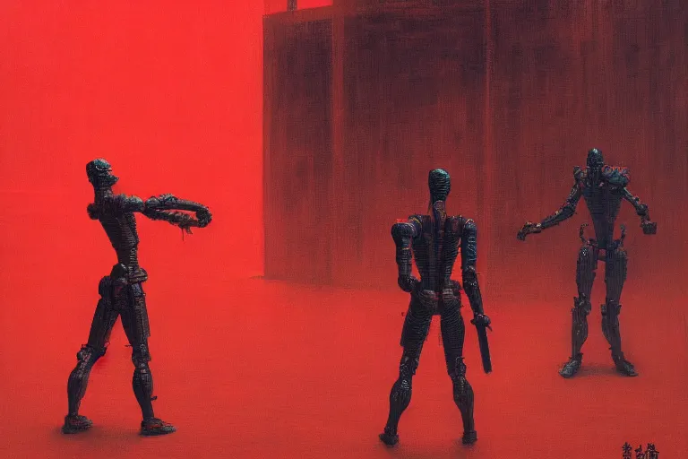 Image similar to only with red, a red cyborg samurai, tokio futuristic in background, some evil yokai fight, in the style of beksinski, parts by edward hopper, parts by rodcenko, parts by yue minjun, intricate and epic composition, red by caravaggio, insanely quality, highly detailed, masterpiece, red light, artstation, 4 k