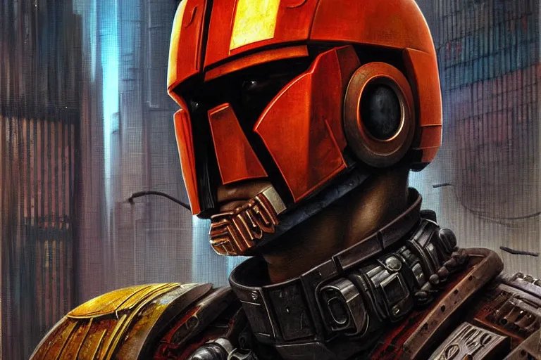 Image similar to portrait of david duchovny as judge dredd in megacity one. cyberpunk artwork, dystopian. dirty, grime. 4 k digital art, 8 0's style. tomasz alen kopera, peter mohrbacher, donato giancola, boris vallejo, drew struzan realistic detailed oil painting, urban horror, frank frazetta, brian bolland