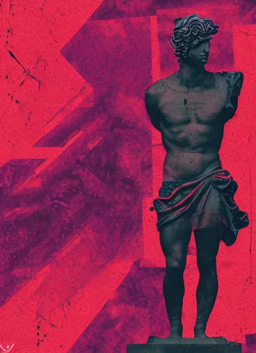 Image similar to black background with subtle red and purple design elements, greco roman statue, grey, nekro, collage art, thin lines, dark, glitch art, neo vaporwave, gritty, layout frame, trending on artstation