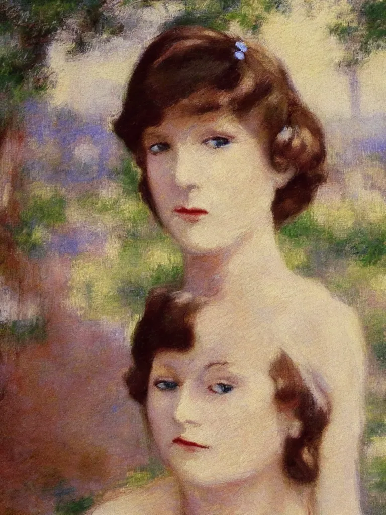 Image similar to portrait of < zelda fitzgerald > as a beautiful young lady wearing 1 9 2 0 s fashion, blurry face, brown hair, slim, fair, severe out of focus, depth of field, pleinairism, in the sun, backlit, closeup, oil on canvas, atr by monet, in the style of le promenade, smooth, impressionnisme, 8 k