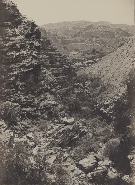 Image similar to Overlook of a gorge with steep rocky slopes covered with sparse desert trees , albumen silver print by Timothy H. O'Sullivan.