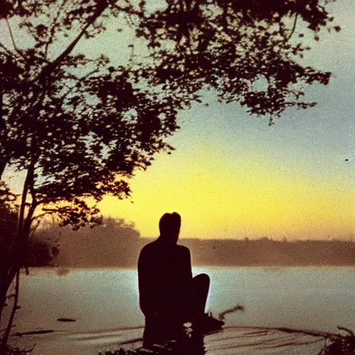 Image similar to extremely sad scene of a man sitting on the edge of a lagoon, mist, bloody sunset, polaroid photography from the 70s