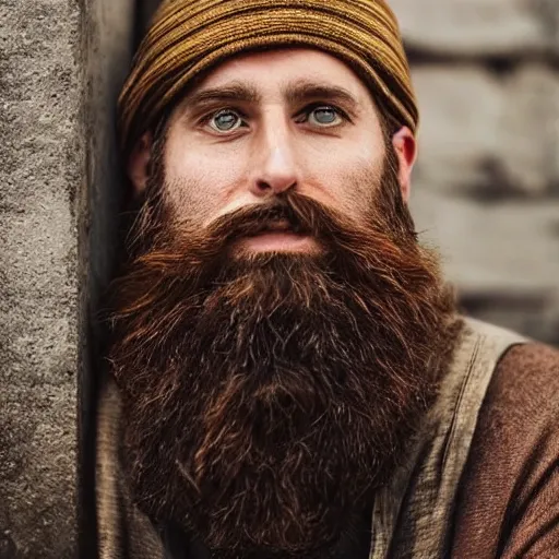 Prompt: a majestic hobo, brown and gold, beard, halo