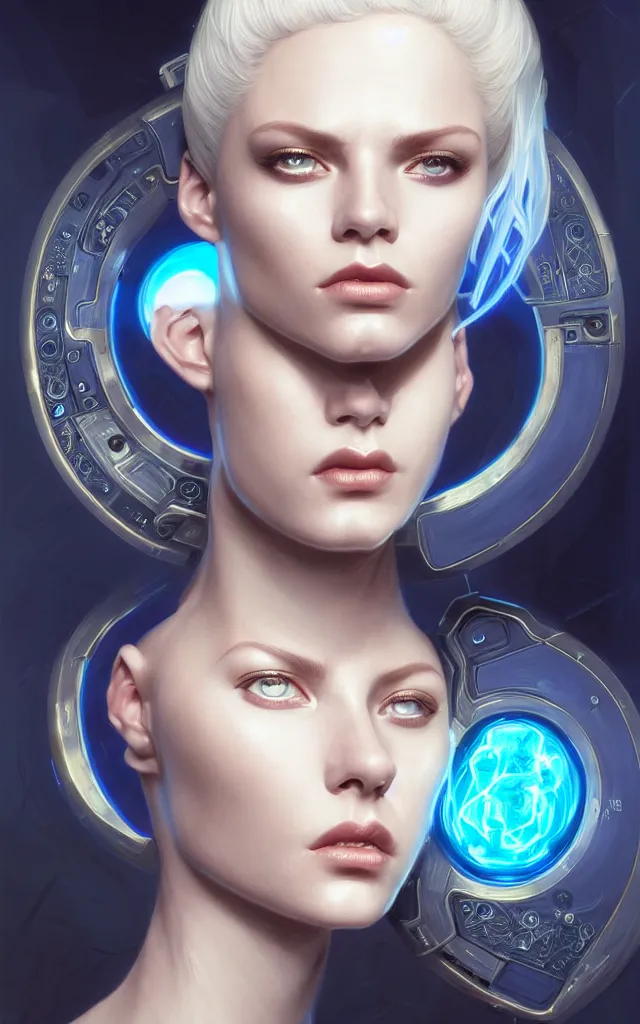 Image similar to futuristic woman android portrait, sci-fi female, striking azure eyes, face, short platinum hair tomboy, cyberpunk femme fatale, intricate, elegant lady with alabaster skin, highly detailed gold filigree, digital painting, artstation, concept art, smooth, sharp focus, illustration, studio photo by artgerm and greg rutkowski and alphonse mucha:3, overexposed, dark, gray, monochrome:-2