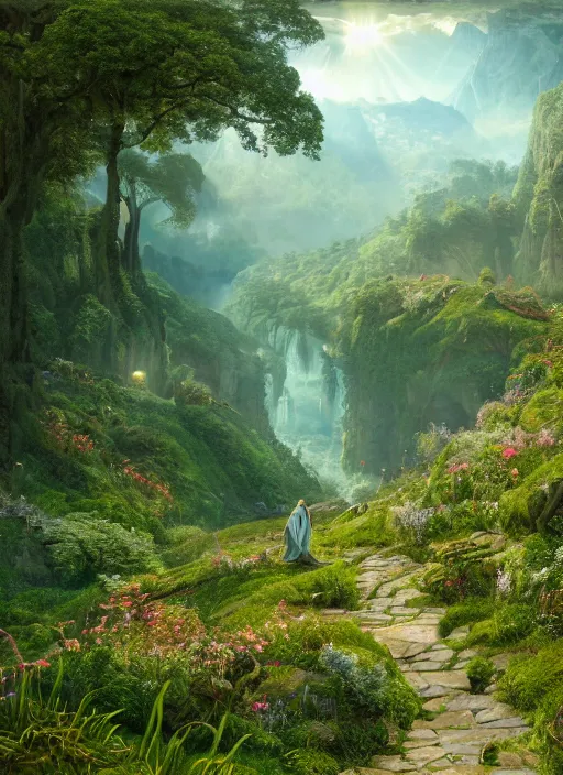 Prompt: in the distance a symmetrical fairy flying in a lord of the rings scenery landscape, a vast lush valley flowers and wood structures, stream, sunrise, god's rays highly detailed, vivid color, cinematic lighting, perfect composition, 8 k, gustave dore, derek zabrocki, greg rutkowski, belsinski, octane render