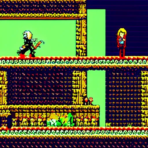 Image similar to a screenshot of a 2 d castlevania game, pixelart, snes graphics, beautiful, atmospheric