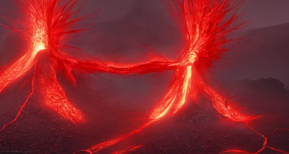 Image similar to a volcano made of ivory vines and crimson rocks enters in eruption, it spits a smoke in the shape of demonic eye, by CGSociety