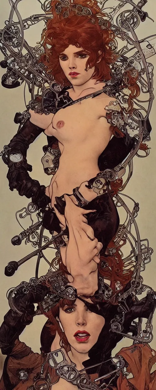 Image similar to striking sensual industrial art nouveau style portrait of kitty pryde as an extreme metal soldier by glenn fabry, simon bisley and alphonse mucha, photorealism, extremely hyperdetailed, perfect symmetrical facial features, perfect anatomy, ornate declotage, spikes, latex, excited expression, wild eyes