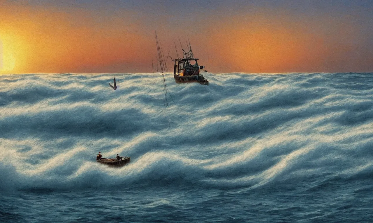 Prompt: levitating fishing boat embarking on a foamy sea jean giraud cinematic sunset elemental forces