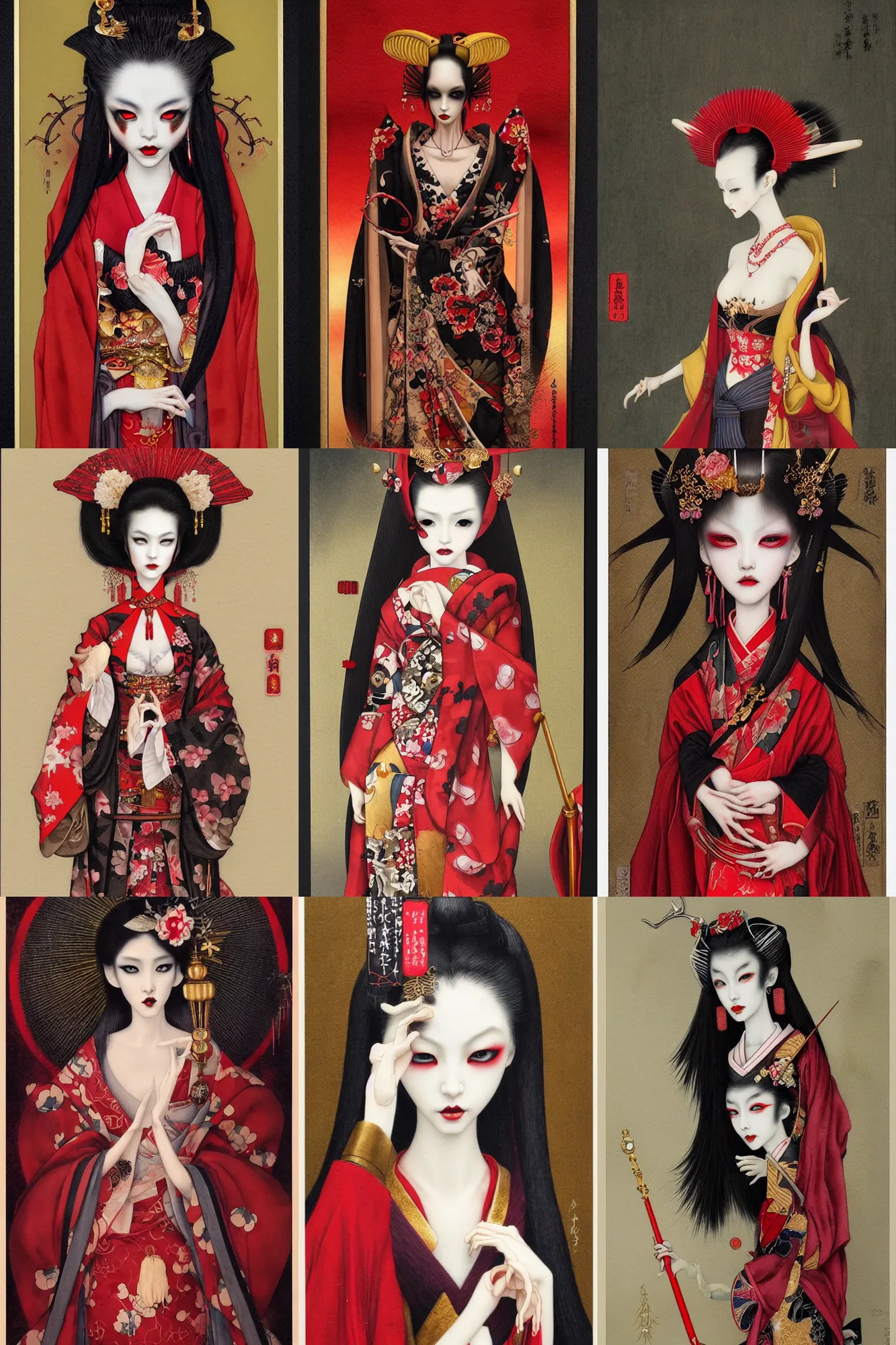 Prompt: watercolor painting of a japanese bjd geisha vampire queen with a long neck by tom bagshaw, ayami kojima, mark ryden in the style of thoth tarot card, red, gold black