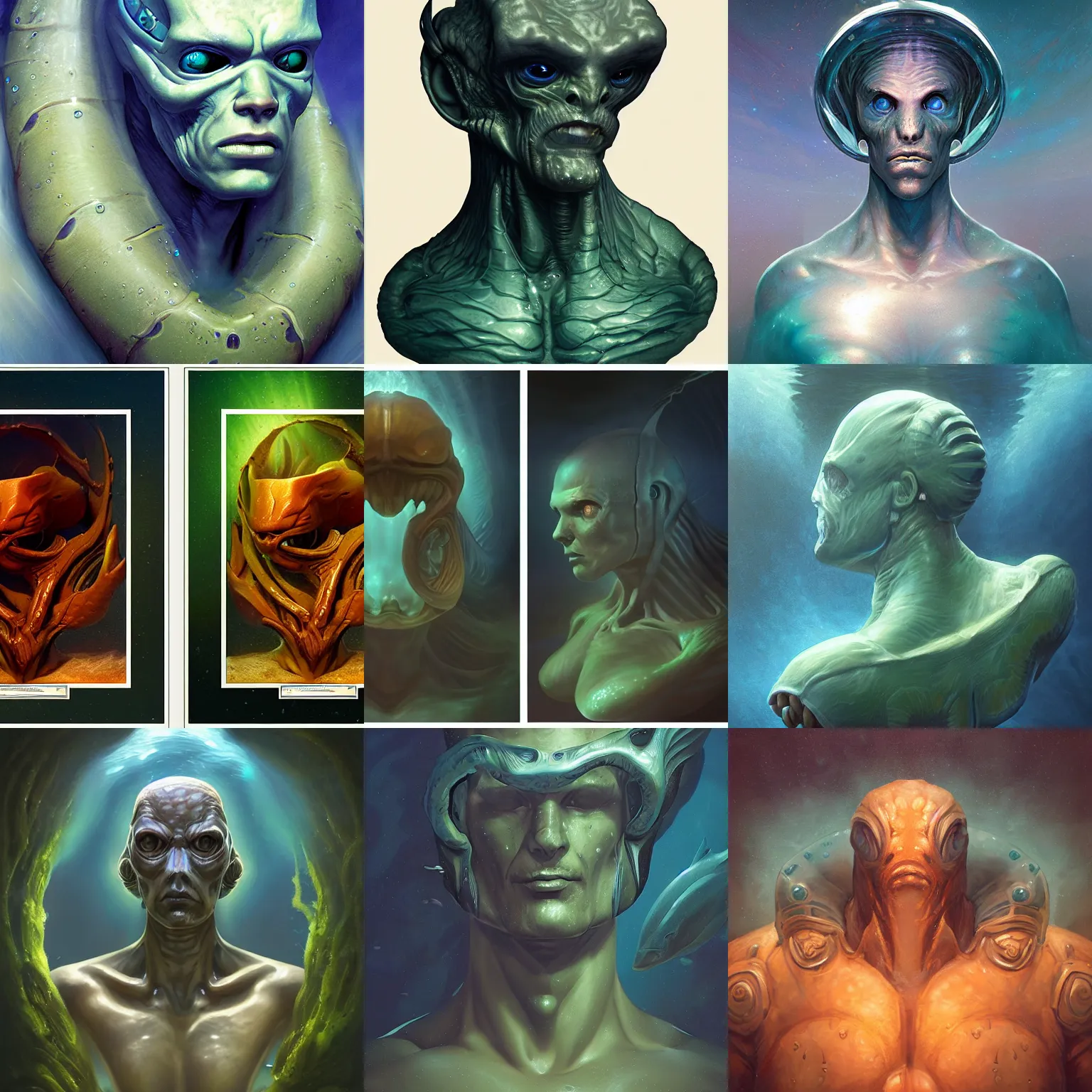 Prompt: three quarter view, aquatic extraterrestrial portrait, whole bust, 3/4 view, gills, underwater, dramatic lighting, painted by andreas rocha