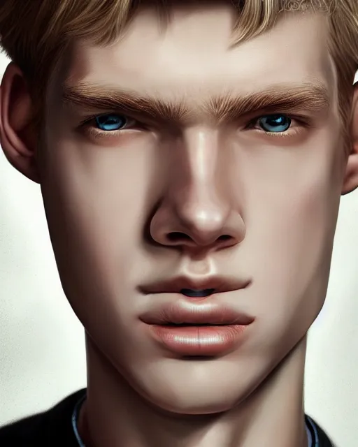 Prompt: portrait of 1 5 - year - old boy, a tall, slender boy with a pale, pointed face, sleek blond hair, and ice grey eyes, wearing in shirt, hyper realistic face, beautiful eyes, character art, art by mark brooks, hyperdetailed, cryengine, trending on artstation, digital art