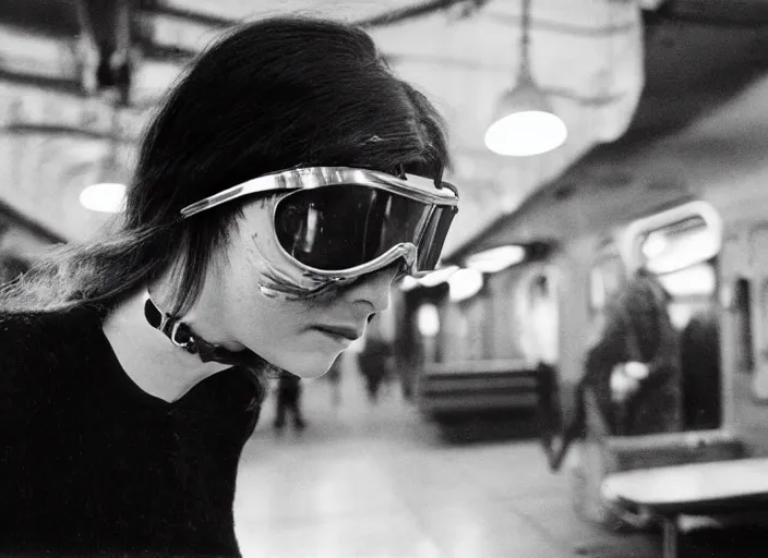 Image similar to close - up portrait of a young woman wearing a choker and welding goggles, in a subway, richard avedon, tri - x pan