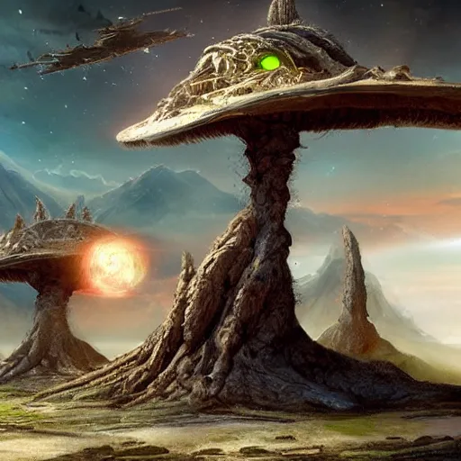 Prompt: aliens on a strange planet, fantasy art, matte painting