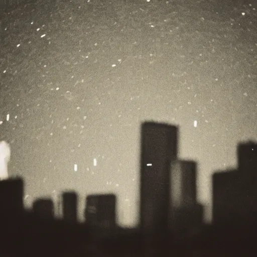 Prompt: analog photograph of a concrete cityscape during a meteor shower, film grain, color bleed, bokeh, depth of field