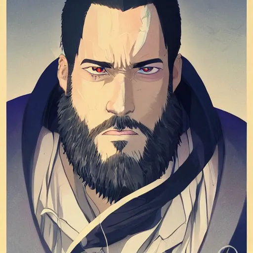 Image similar to concept art character, very high angle view, book cover, very attractive man with beard, walking in cyberpunk valley highly realistic shaded Perfect face, fine details, Anime. realistic shaded lighting by Ilya Kuvshinov katsuhiro otomo ghost-in-the-shell, magali villeneuve, artgerm, rutkowski, WLOP Jeremy Lipkin and Giuseppe Dangelico Pino, borderlands 3 style, Michael Garmash and Rob Rey book cover, deep shadows, , extremely fine inking lines