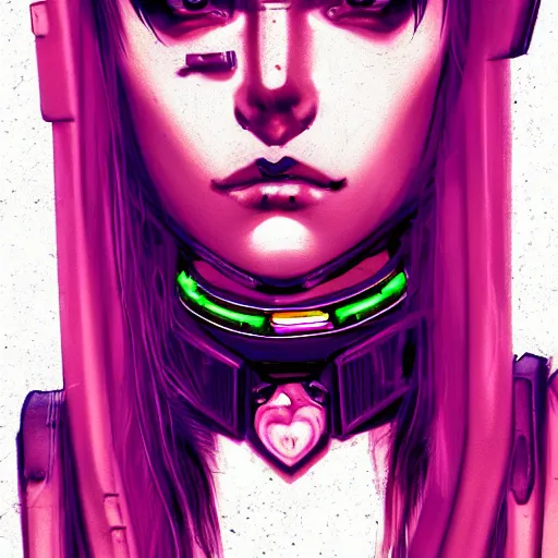 Image similar to headshot digital artwork of cyberpunk woman wearing thick black choker around neck, collar on neck, realistic, artstation, punk woman, cyberpunk style, neon,