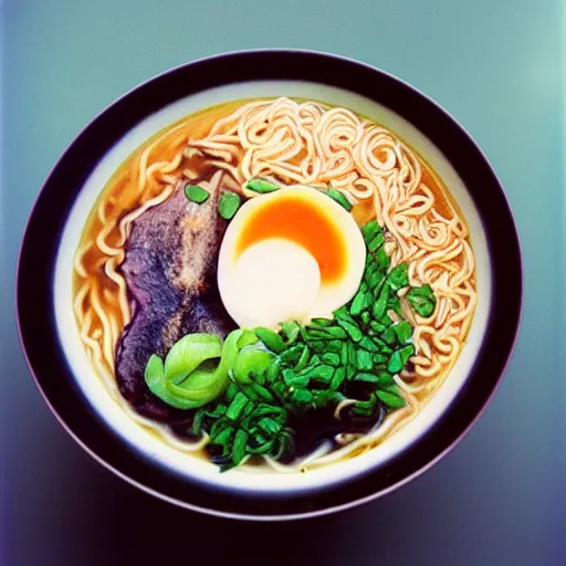 Prompt: A bowl of ramen cooked by Tadanori Yokoo, 35mm film