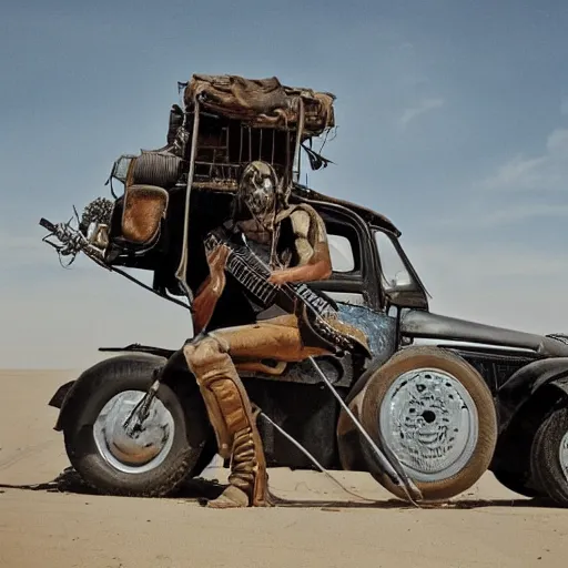 Image similar to guitar player on moving vehicle, Mad Max Fury Road