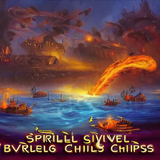 Prompt: spiral river with burning ships