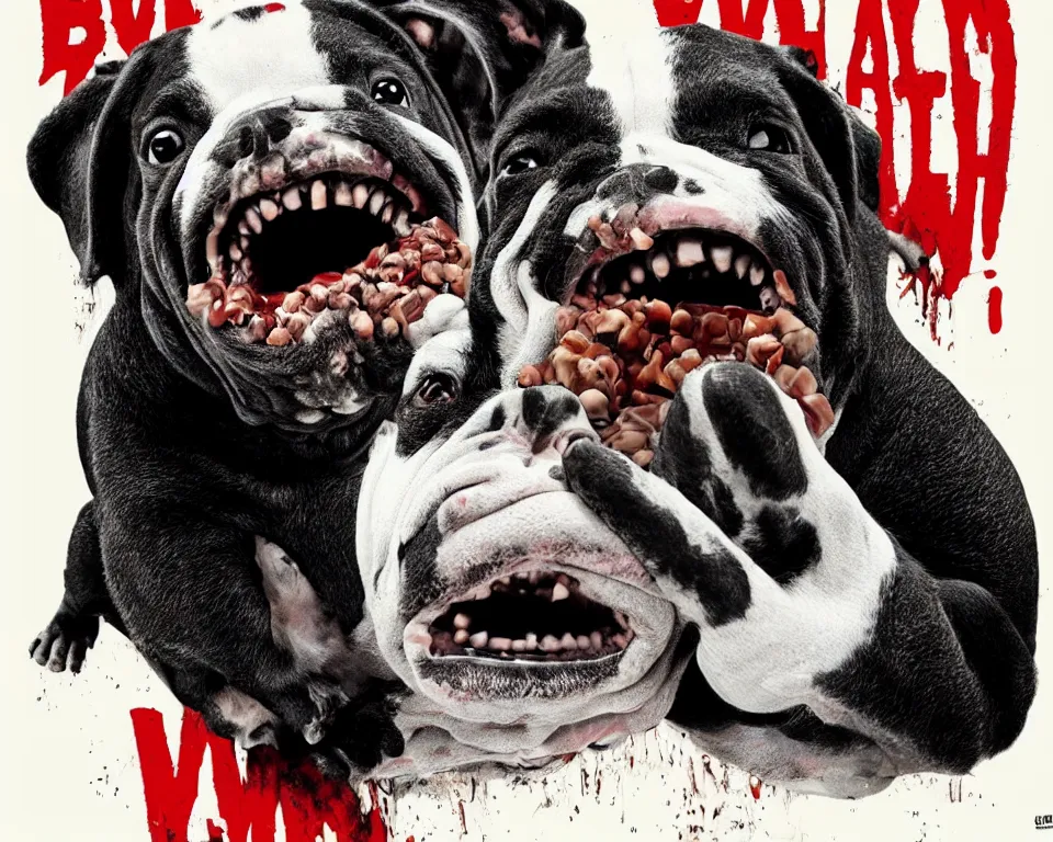 Image similar to a horror movie poster featuring a scary bull dog chewing on a wasp