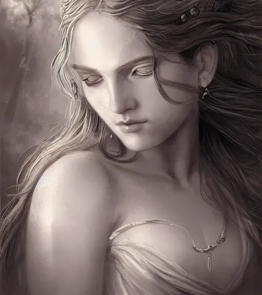 Image similar to beautiful young aphrodite goddess, archer, realistic face, beautiful eyes, black and white drawing, in the style of greg rutkowski, fantasy, amazing detail, epic, intricate, elegant, smooth, sharp focus