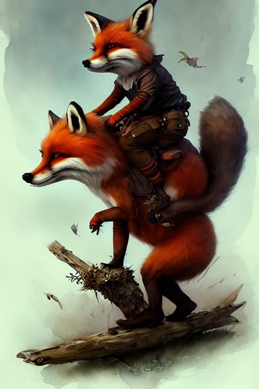 Prompt: gnome ridding on red fox | esoteric symbolism | jean - baptiste monge, esao andrews, bastien lecouffe - deharme, tim jacobus, ken currie | ultra - detailed realism, soft cinematic lighting, hi - fructose, artstation, high - quality, ink watercolors wes anderson poster art