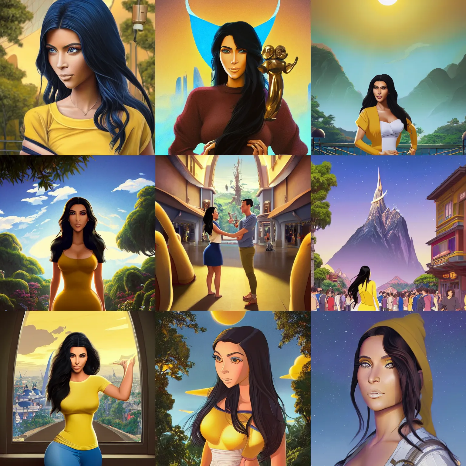 Prompt: full body cartoon render painting of a strikingly gorgeous assiniboine and mandan kim kardashian with blue eyes and long dark brown hair, wearing a modern yellow tshirt, at california adventure, rossdraws, studio ghibli, norman rockwell, emiliano ponzi, epic composition, hd, octane, unreal engine, volumetric lighting, light rays, masterpiece, award - winning