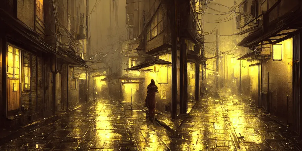 Prompt: quiet tokyo alley at night, raining, dim volumetric lighting, 8 k octane render, hdr, postprocessing, hyperdetailed, intricate, epic composition, cinematic lighting, masterpiece, trending on artstation, stunning artwork by anders zorn, extraordinary art by greg rutkowski