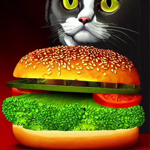 Prompt: a cat man eats a multilayer vegetarian broccoli burger, highly detailed, digital painting, sharp focus, fantasy art