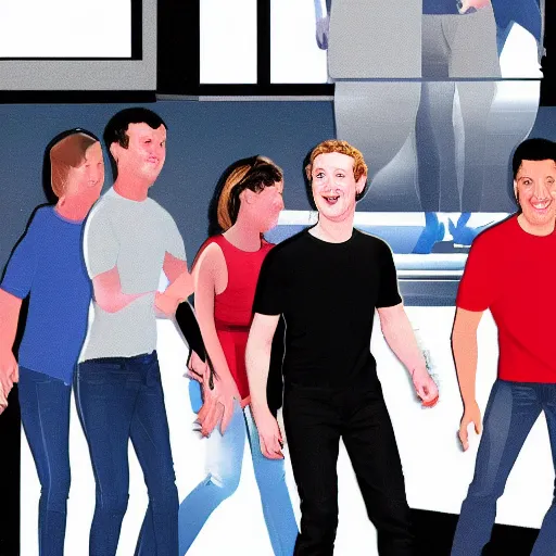 Image similar to mark zuckerberg standing straight in the middle of a club, people are dancing around him, there are toilet seats next to him, very detailed, hyper realistic.