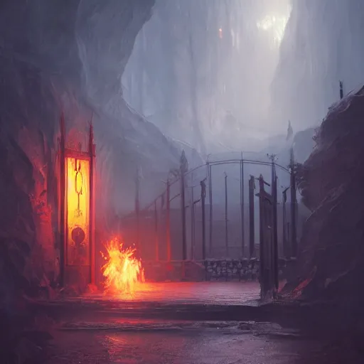 Image similar to gates to hell, by greg rutkowski, sung choi, photo realistic, 8 k, cinematic lighting, hd, atmospheric, hyperdetailed, trending on artstation, devainart, digital painting, glow effect