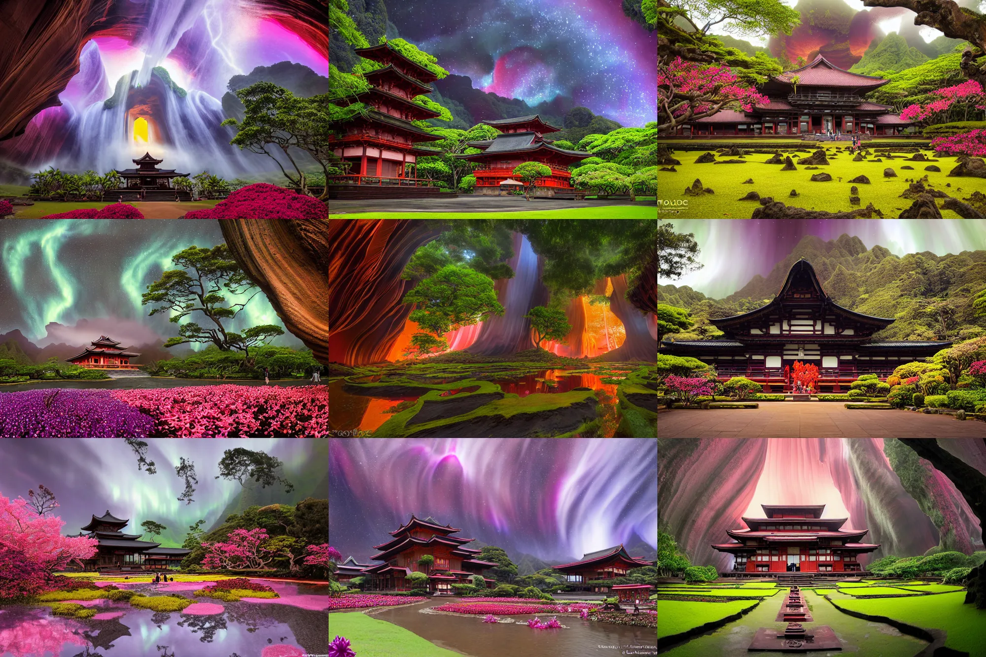 Prompt: byodo - in temple in kaneohe on holokalani black beach of maui in royal blue antelope canyon during sakura season on an interstellar aurora borealis with heavy thunder and lightning, pink waterfalls, passion flower, by peter mohrbacher, james jean, james gilleard, greg rutkowski, vincent di fate, rule of thirds, octane render, beautiful landscape