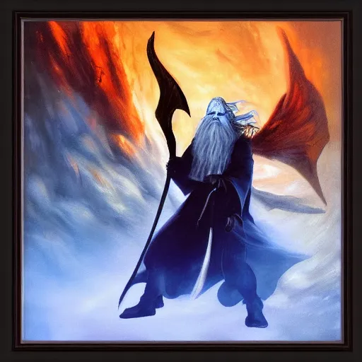 Image similar to gandalf fighting a balrog, dark atmosphere, dark cave lighting, fantasy generation, oil painting framed