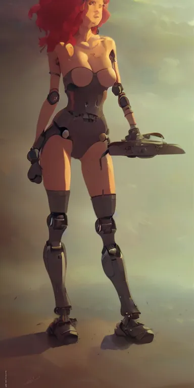 Image similar to concept art of young cute redhead cyborg robot woman with curvaceous body wearing shorts and bikini illustration illustration concept art anime by wlop and greg rutkowski and studio ghibli and kyoto animation