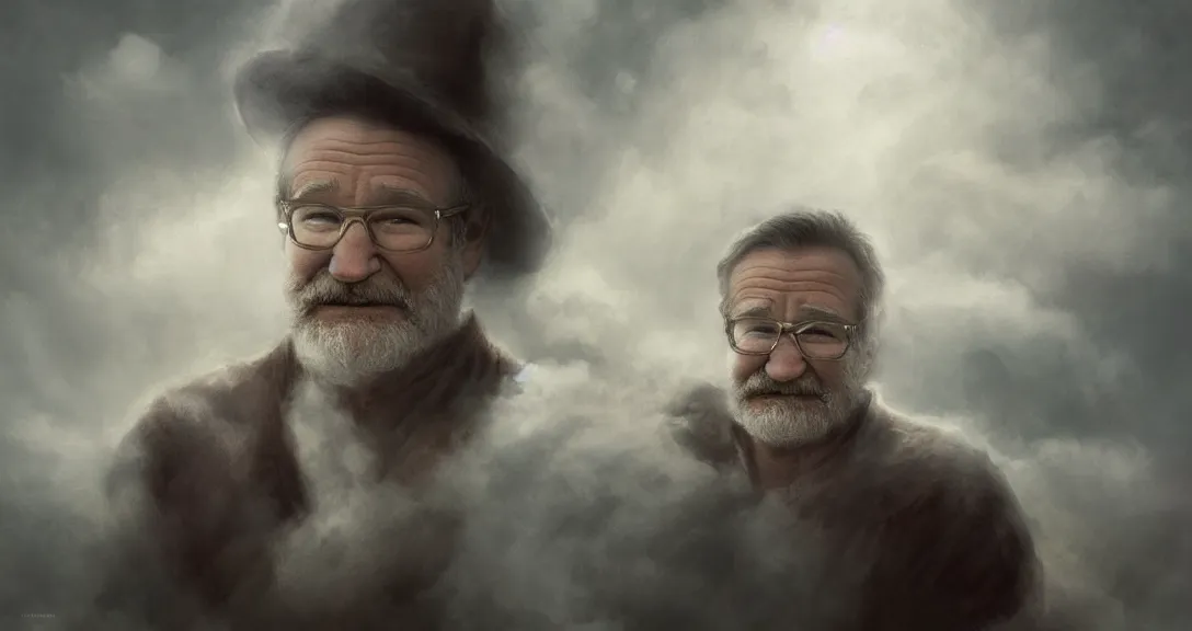 Image similar to robin williams is god, white beard, clouds, heaven, portrait, intricate, detailed, volumetric lighting, scenery, digital painting, highly detailed, artstation, sharp focus, illustration, concept art, ruan jia, steve mccurry