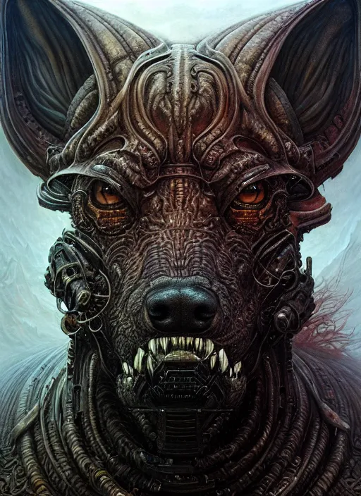 Image similar to closeup portrait shot of a hellhound in a scenic dystopian environment, intricate, elegant, highly detailed, centered, digital painting, artstation, concept art, smooth, sharp focus, illustration, artgerm, tomasz alen kopera, peter mohrbacher, donato giancola, joseph christian leyendecker, wlop, boris vallejo