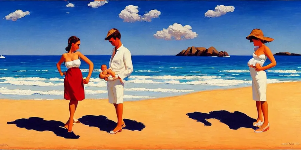 Image similar to a couple and a baby on a beach in sardinia, white sand, blue sky, summer, painting by jack vettriano