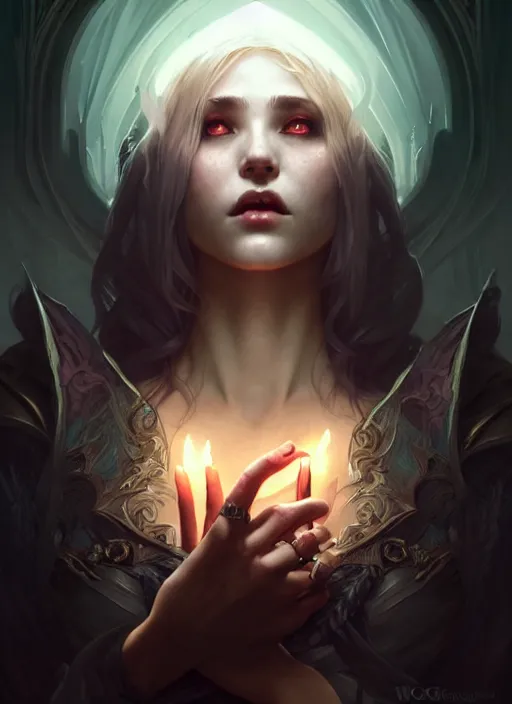 Image similar to Necromancer Sorceress, fantasy magic, undercut hairstyle, dark light night, intricate, elegant, sharp focus, illustration, highly detailed, digital painting, concept art, matte, art by WLOP and Artgerm and Greg Rutkowski and Alphonse Mucha, masterpiece