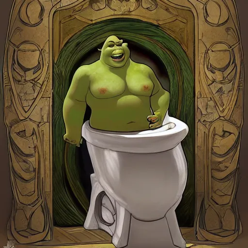 Image similar to Shrek on a toilet in the style of Krenz Cushart, Greg Rutkowski, Alphonse Mucha