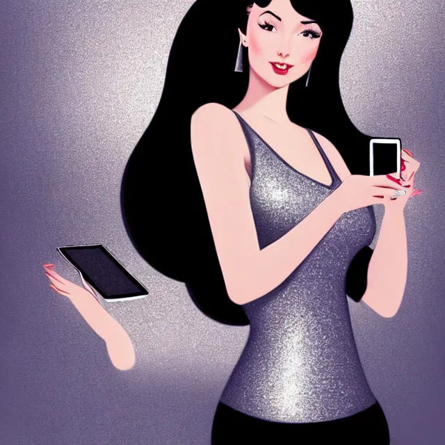 Prompt: epic professional digital art Key visual of a stunningly attractive office admin with straight black hair in a sparkly silver dress looking at her iphone, office background, by Gil Elvgren and Dorian Cleavanger, best on artstation, cgsociety, wlop, Behance, pixiv, cosmic, epic, stunning, gorgeous, much detail, much wow, masterpiece