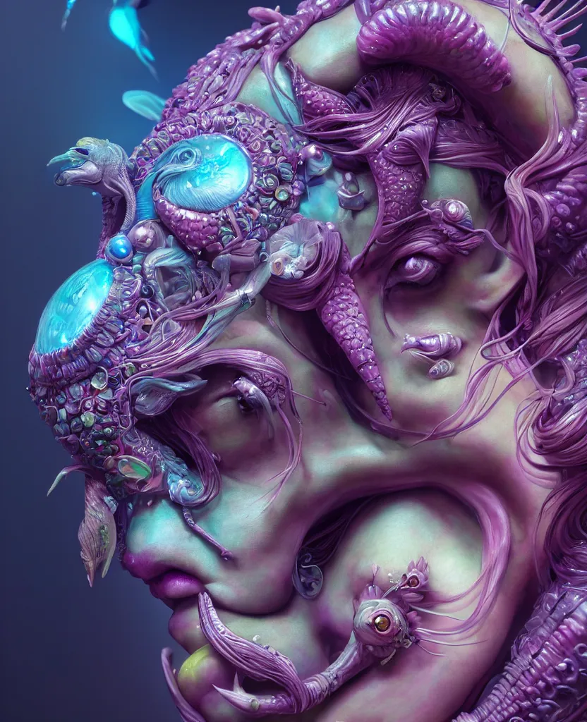 Image similar to goddess full color painted acryllic sculpture close-up portrait. orchid bird phoenix head, nautilus, skull, betta fish, bioluminiscent creatures, intricate artwork by Tooth Wu and wlop and beeple. octane render, trending on artstation, greg rutkowski very coherent symmetrical artwork. cinematic, hyper realism, high detail, octane render, 8k