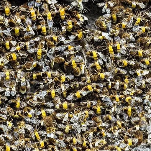 Image similar to photograph of a bee swarm attacking a skeleton army