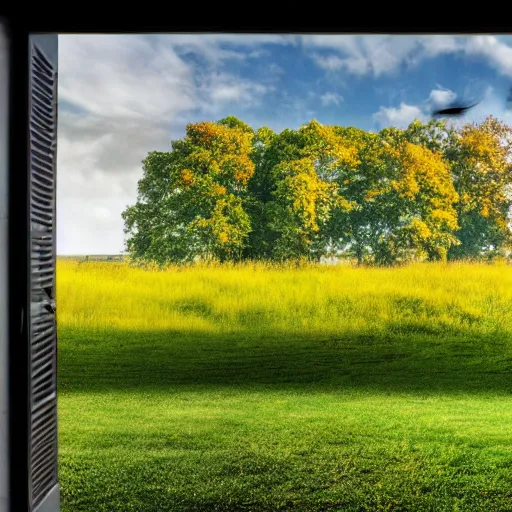 Prompt: a cinematic view looking out a window into an open field, wind blows the leaves