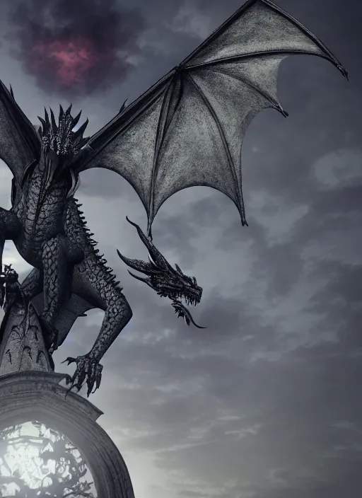 Image similar to a dragon perches atop a cathedral, menacing black dragon, cinematic, volumetric lighting, physically based render