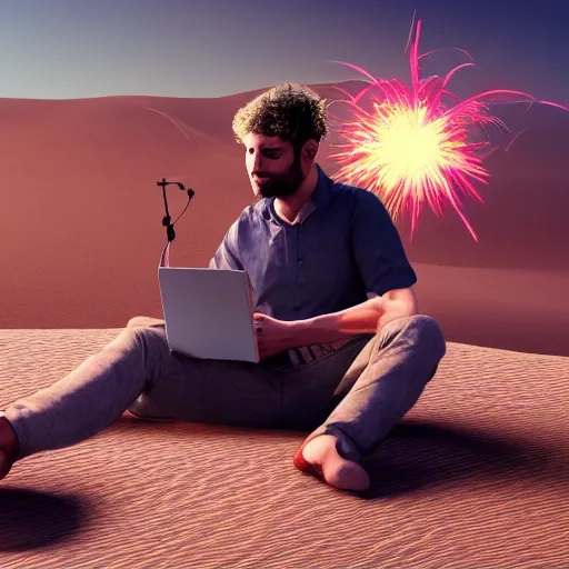 Image similar to A man sitting in the desert at a computer, explosions in the background, digital art, artstation, hyperdetalied, high rendering, high quality, 8k,