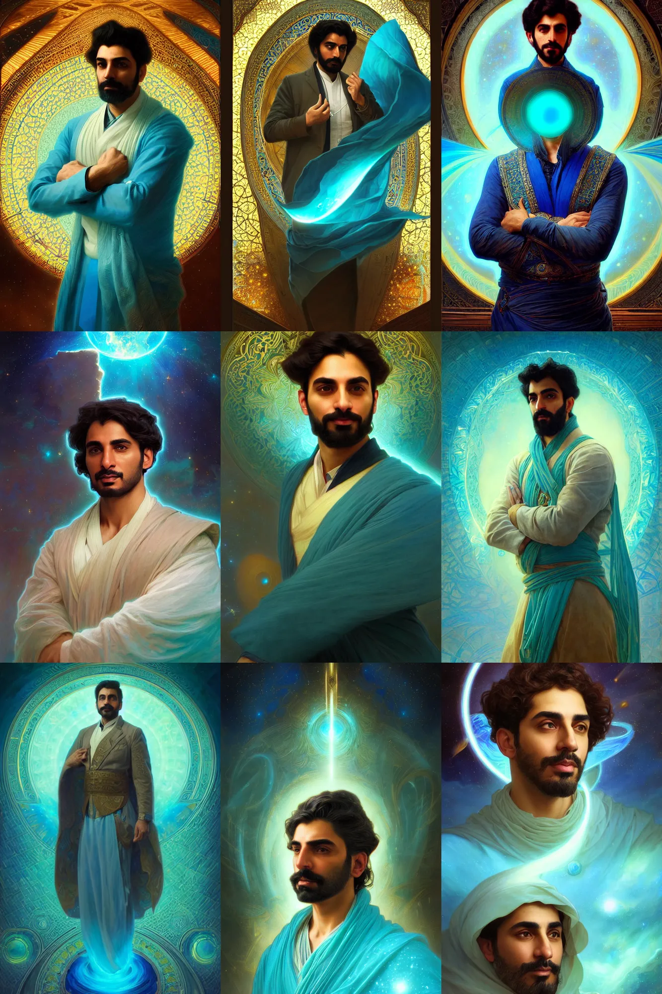 Prompt: portrait of a Persian architect and astronomer, handsome man, heroic pose, Turquoise colors, dramatic lighting, volumetric lighting, intricate, highly detailed, digital painting, artstation, concept art, smooth, sharp focus, illustration, art by artgerm and greg rutkowski and alphonse mucha, footage from space camera