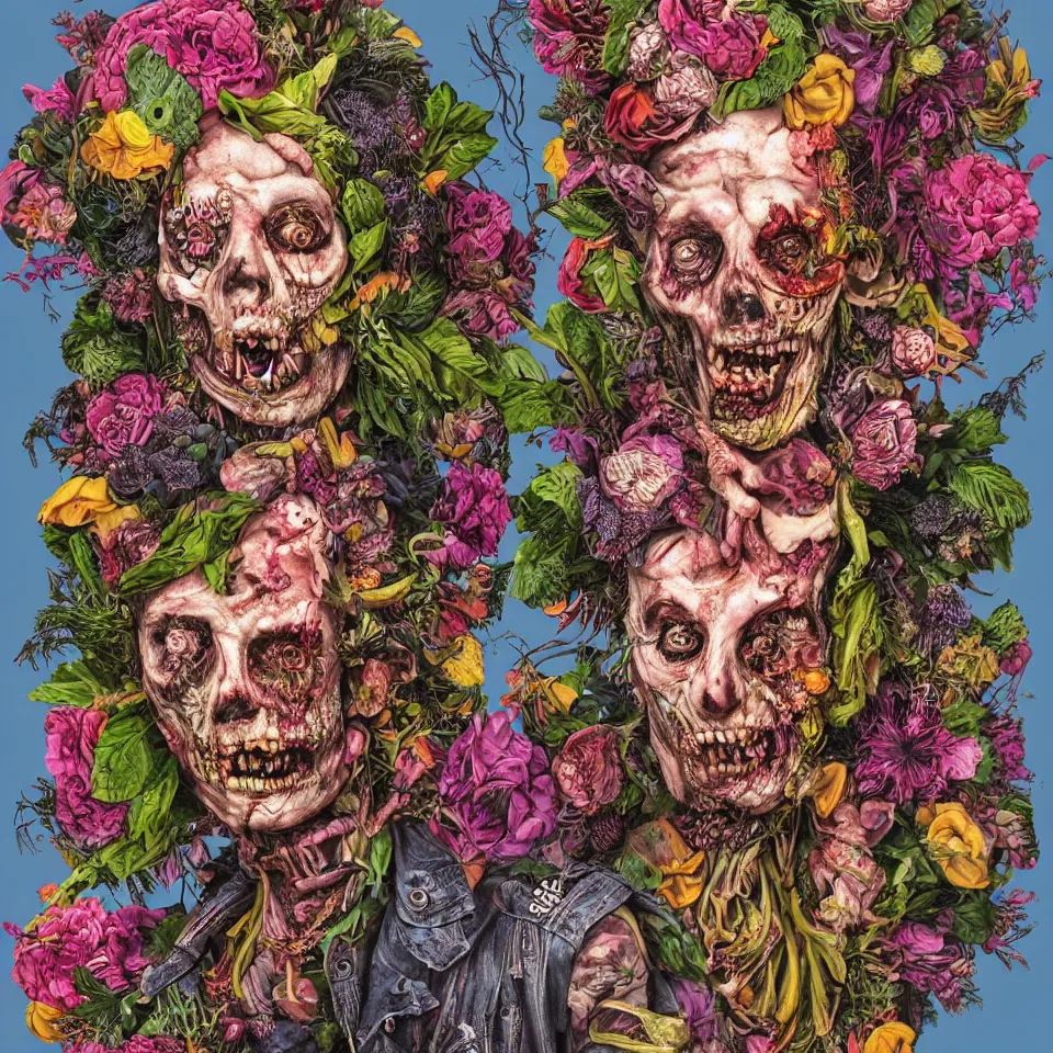 Prompt: hyper-detailed portrait, punk rock zombie male made out of fruits, vegetables and large flowers in the Baroque style of Arcimboldo, crystalline skin, slamdancing, cinematic lighting, neon pink lighting, large details, dull blue background