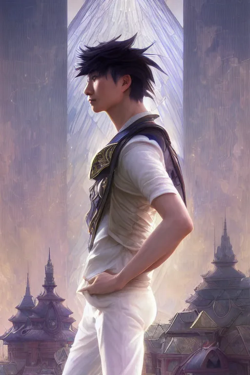 Image similar to portrait of a man with modern hairs, soft smile, final fantasy, league of legends champion, strong iridescent light, by chengwei pan and sakimichan and greg rutkowski and alphonse mucha, gradient white to gold, in front of a magical building background, highly detailed portrait, digital painting, smooth, focus illustration