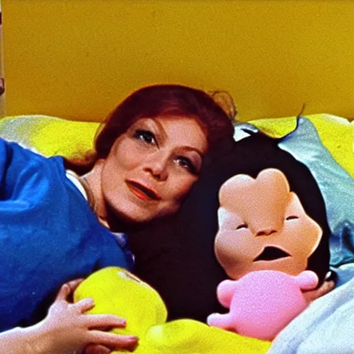 Image similar to woman who has given birth to a squishy inflatable toy, in hospital bed, 1974 Fellini film, archival footage, technicolor film, 16mm, wacky children's tv with anthropomorphic animal